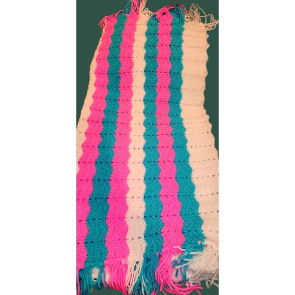 Handmade Crochet Baby Blanket With Pink Blue White Stripes NEW - Picture 1 of 8
